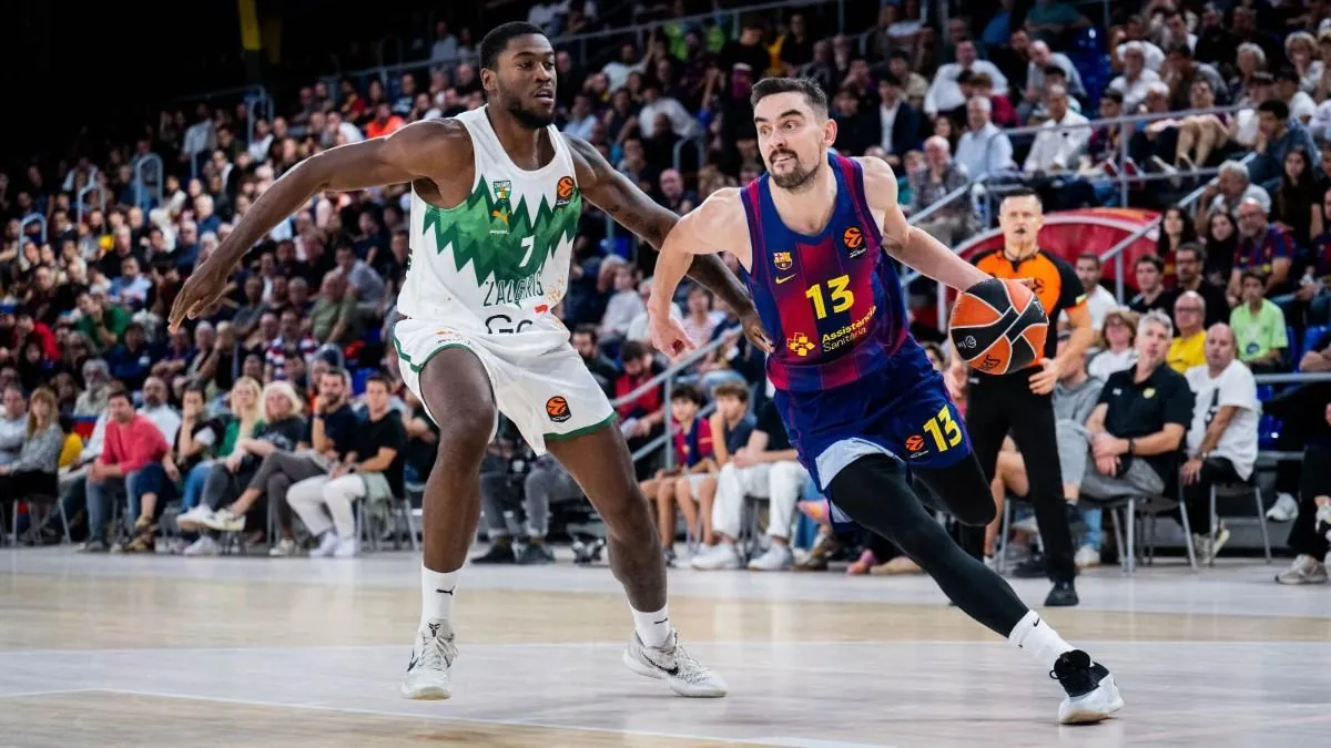 Moses Wright y Tomas Satoransky, en el Barça - Zalgiris de Euroliga de esta temporada